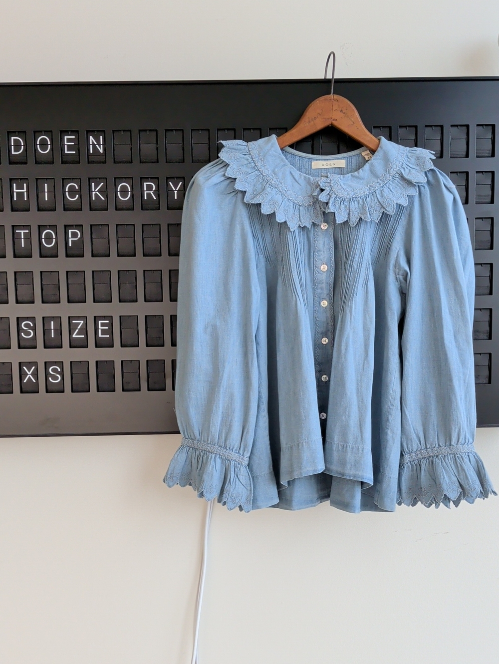 Doen Light Blue Hickory Ruffled Collar Blouse